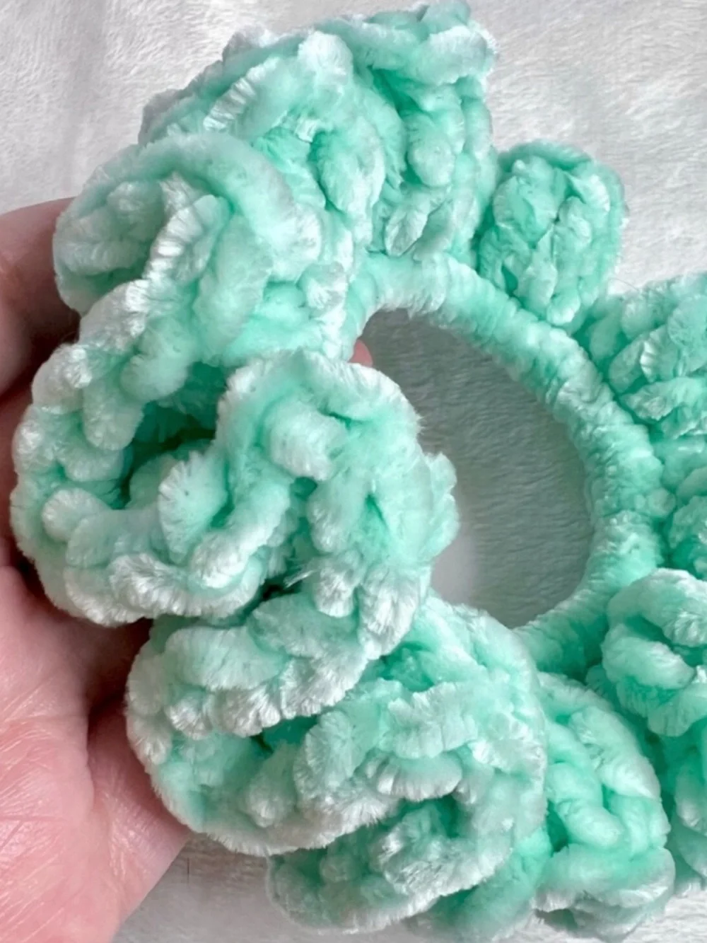 PinkRainCloud Handmade Mint Green Velvet Crochet Hair Scrunchie Soft Hair Tie